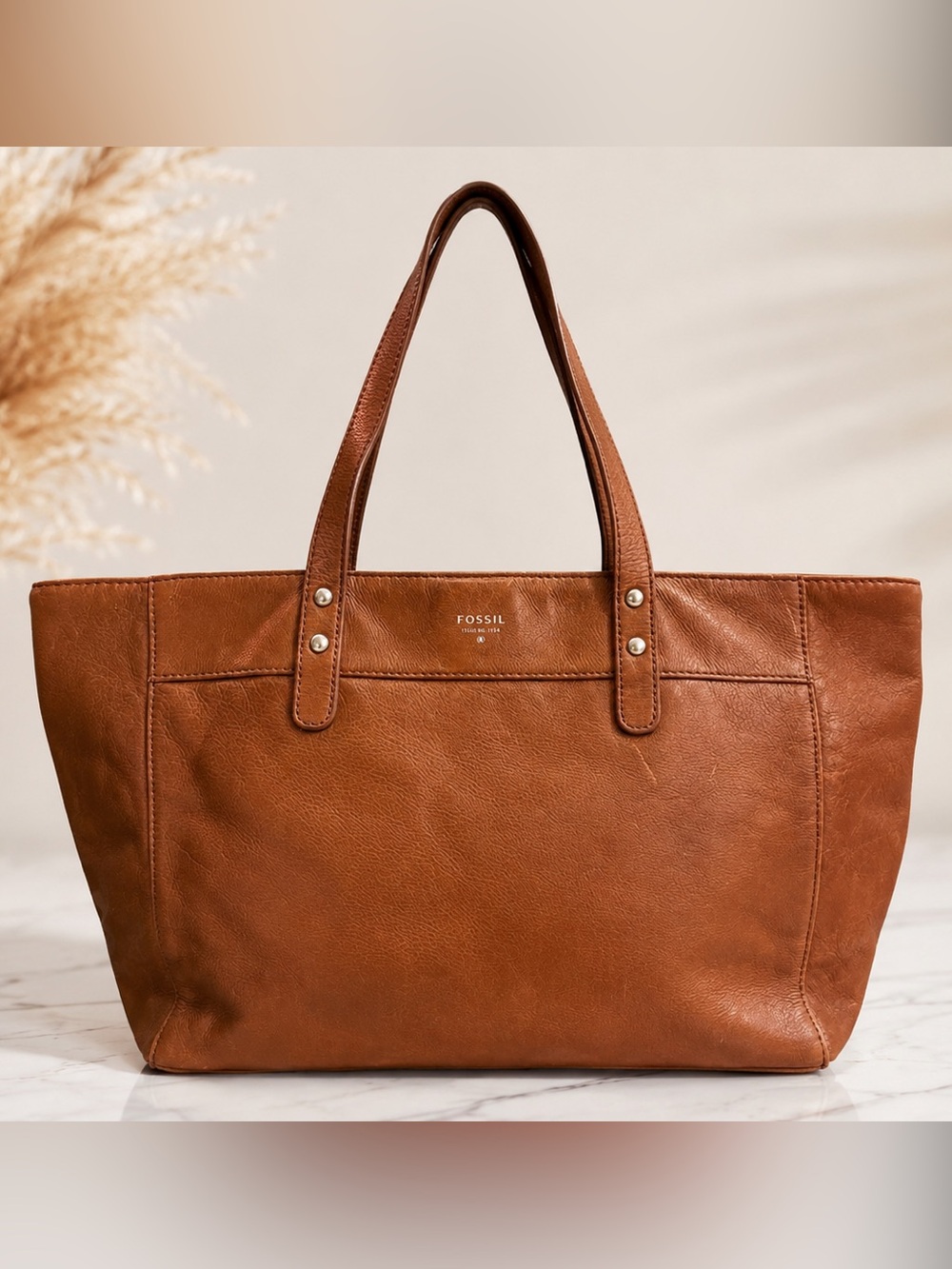 Vintage Fossil Cognac Brown Leather Tote